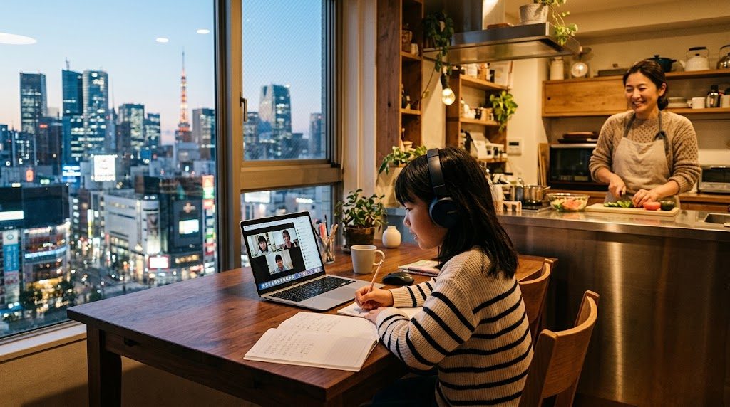 渋谷区の自宅で、子どもがオンライン授業を受けるそばで母親が穏やかに見守る様子