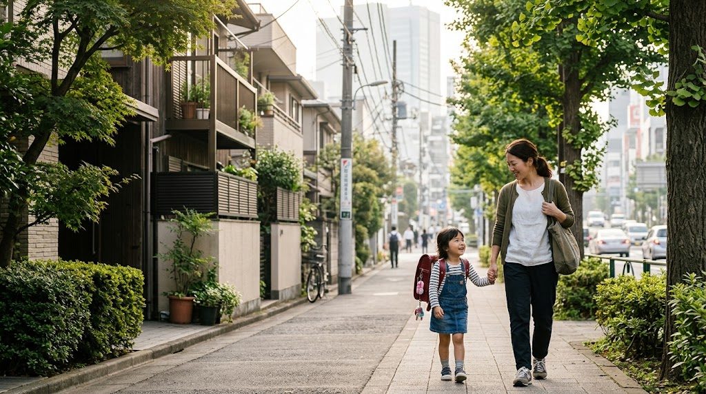 朝の渋谷区・広尾あたりの街並みを背景に、通学かばんを持った子どもと母親が並んで歩く様子