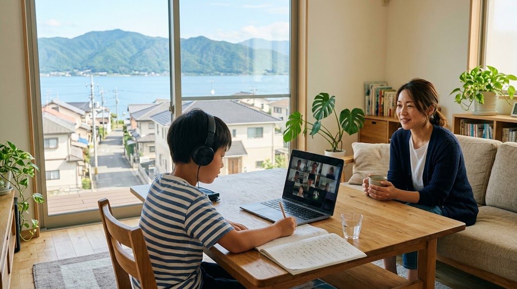 A child attending an online class on a laptop at home in Shiga Prefecture while a parent listens warmly from nearby