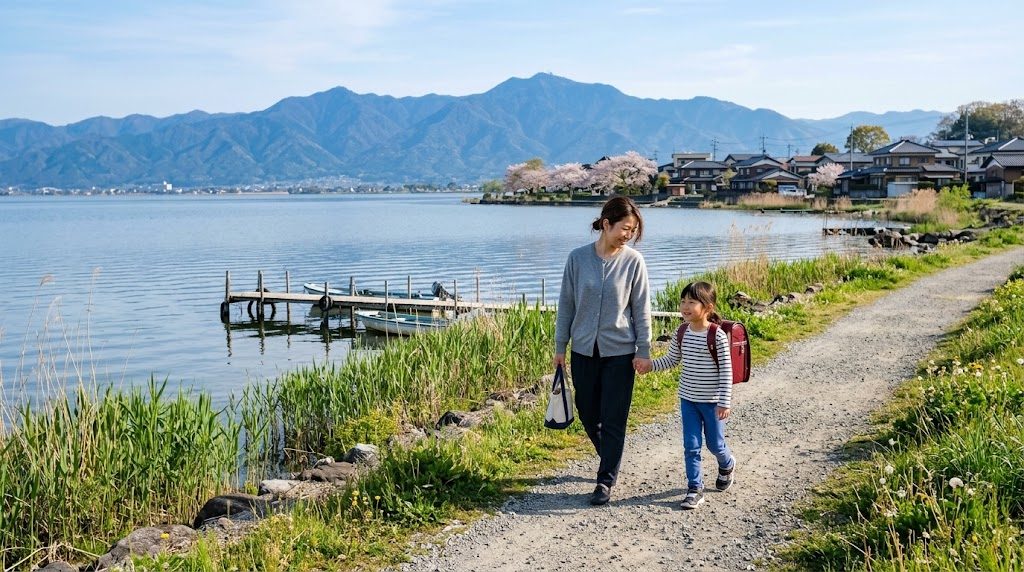A parent and child walking hand in hand along a lakeside path on the shore of Lake Biwa in Shiga Prefecture on a clear morning