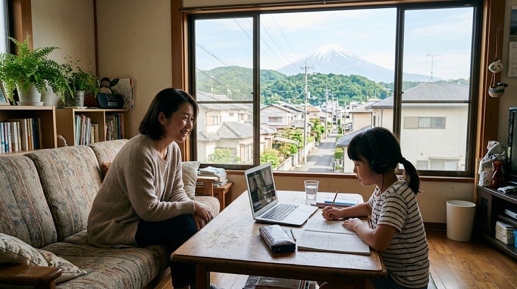 静岡県の自宅のリビングで、子どもがノートパソコンでオンライン授業を受け、そばで母親が見守る様子