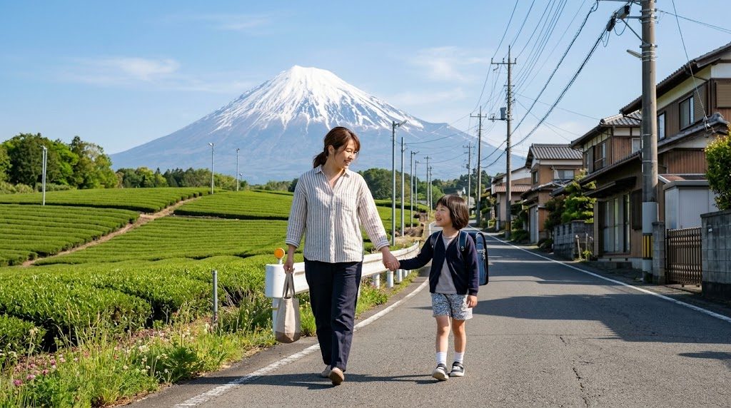 富士山を望む静岡県の街並みを背景に、通学かばんを持った子どもと保護者が並んで歩く朝の風景