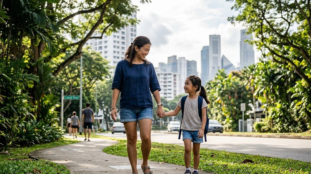 朝のシンガポールの街並みを背景に、通学する子どもと母親が手をつないで歩く様子