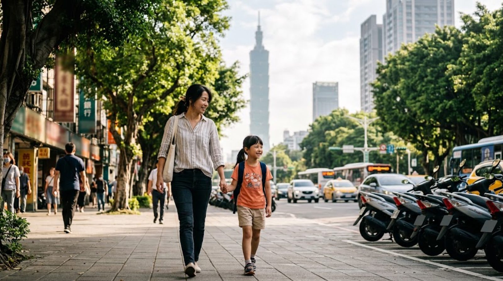 台北101をのぞむ街路を、朝、手をつないで歩く母親と小学生の子ども