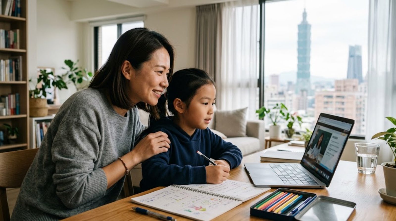 台北の自宅リビングで、ノートパソコンを前にオンライン授業に参加する子どもと寄り添う保護者
