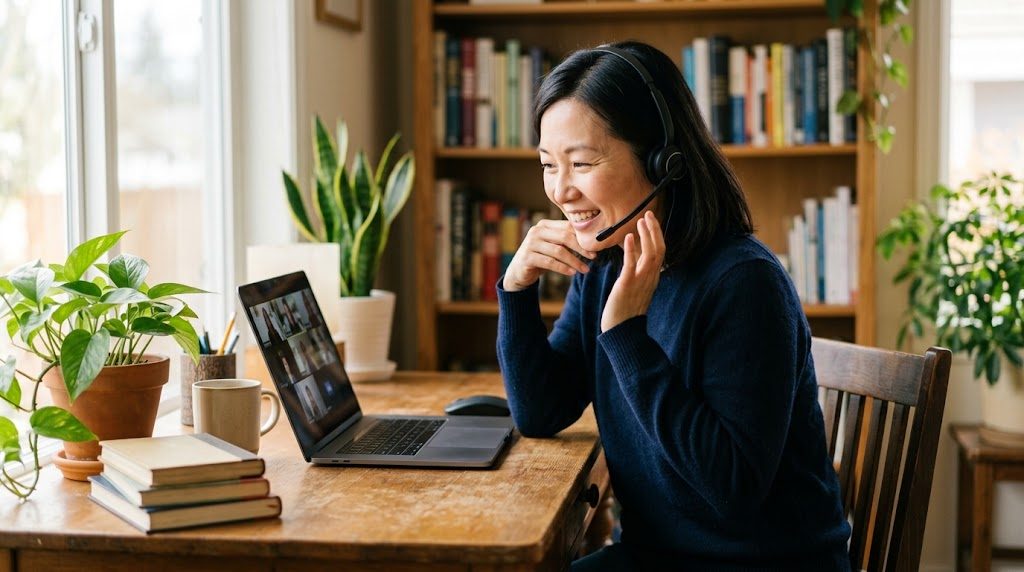 A teacher in their forties in a headset leaning in to talk with children through the screen during a small-group online lesson from a bright home desk, changing how they work while keeping the joy of teaching