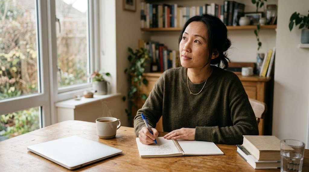 A former teacher in their late thirties to forties taking stock of their career, writing in a notebook at a bright home desk while considering a career change