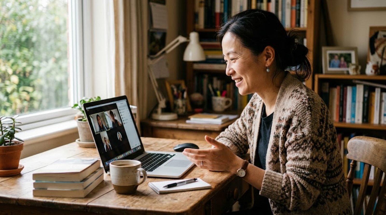 A teacher leaning in to listen and talk with children through the screen during a small-group online lesson from home