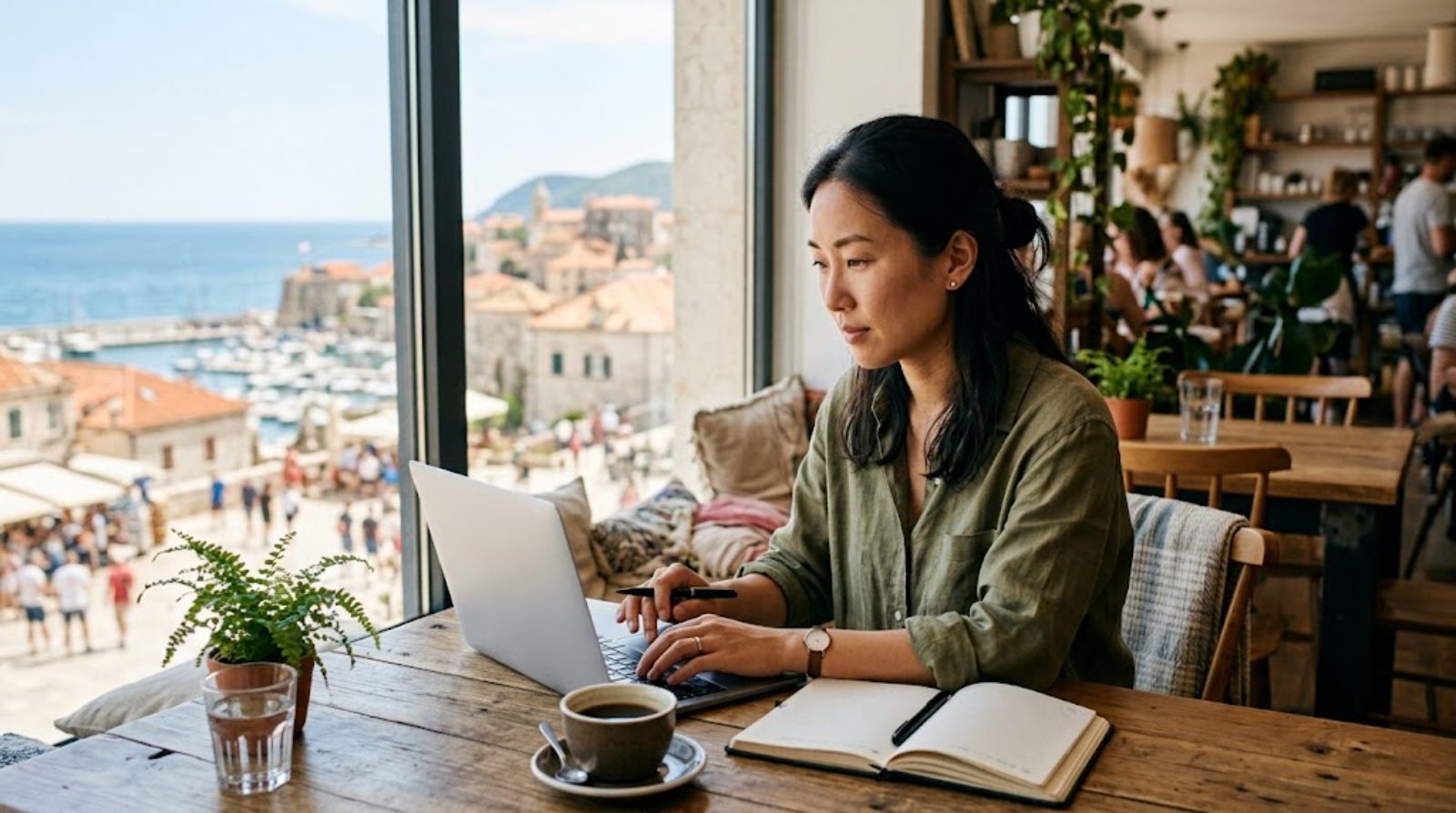 A former teacher in their thirties working calmly on a laptop by a sunlit cafe window while traveling, a fully remote way of working unbound by location