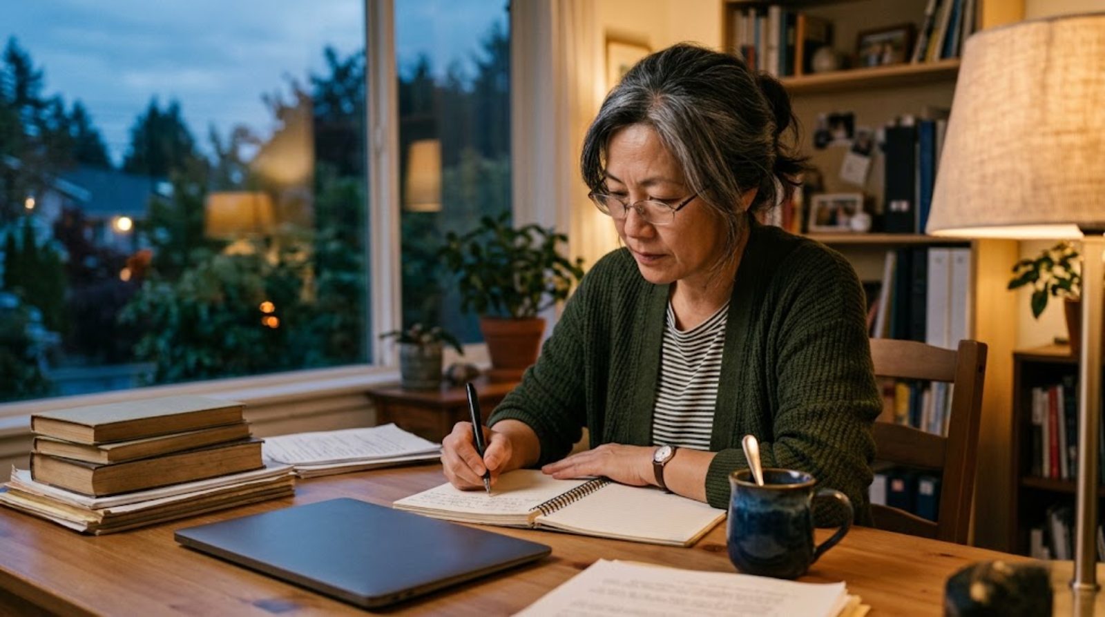 夕方の自宅デスクでノートに書き出しながら、これまでの経験を棚卸しする40代後半のベテラン教員。セカンドキャリアを落ち着いて考える時間