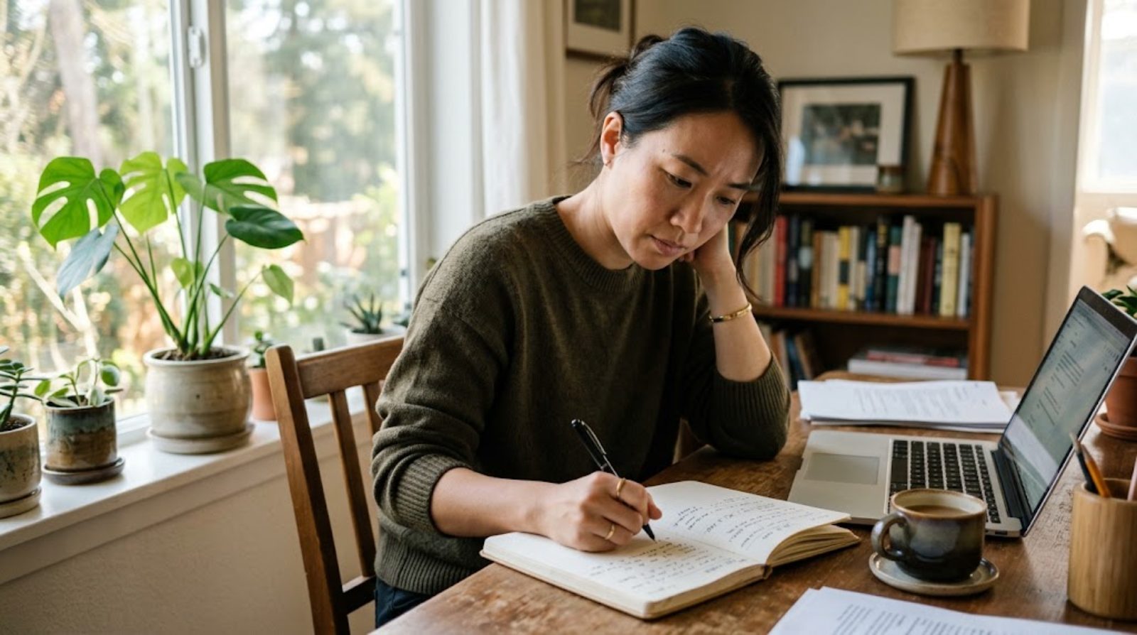 An adult writing out their past work and strengths in a notebook at a home desk, taking stock of how their experience could translate to education