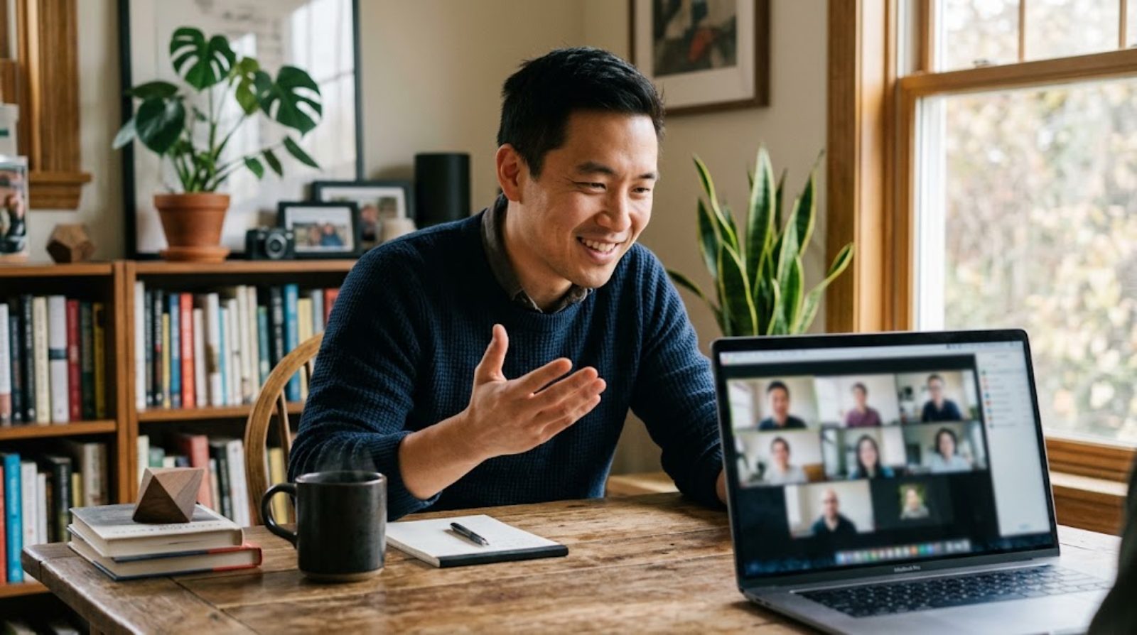 An adult in their thirties with expertise in another field talking with children through the screen during a small-group online lesson from home, a way to work in education without a teaching license