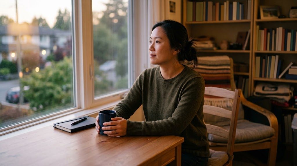 A teacher in their thirties pausing quietly by a window with a warm cup of tea after work, gently reflecting on how they feel about wanting to quit