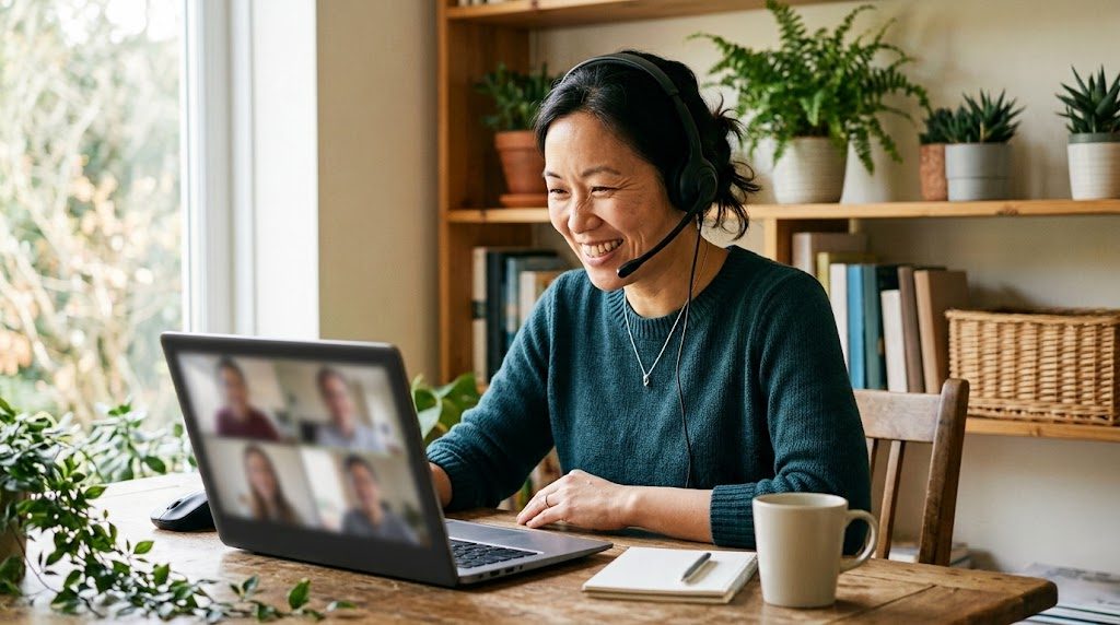 A teacher in a headset leaning in to listen during a small-group online lesson from a bright home desk, smiling warmly as if rediscovering the joy of teaching