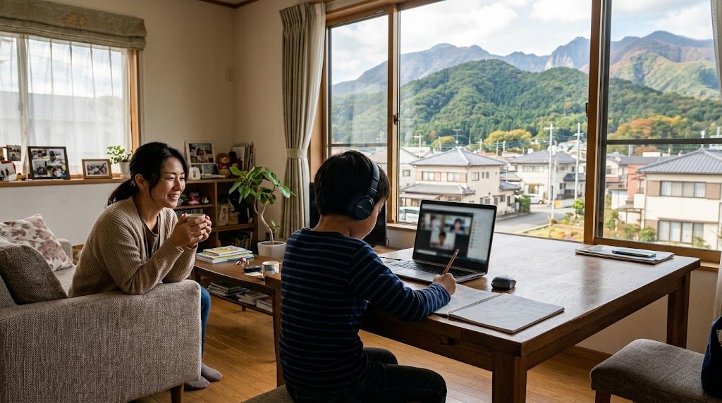 栃木県の自宅リビングで、子どもがノートパソコンでオンライン授業を受け、そばで母親が穏やかに見守る様子