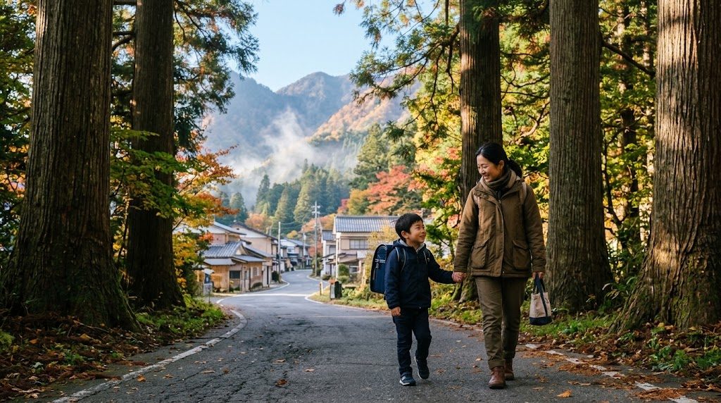 日光の杉並木が続く朝の道を、通学かばんを背負った子どもと母親が手をつないで歩く栃木県の風景