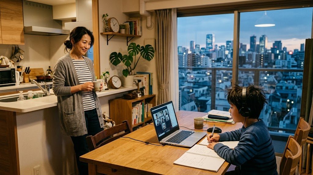 東京の自宅で、子どもがオンライン授業を受けるそばで母親が穏やかに見守る様子
