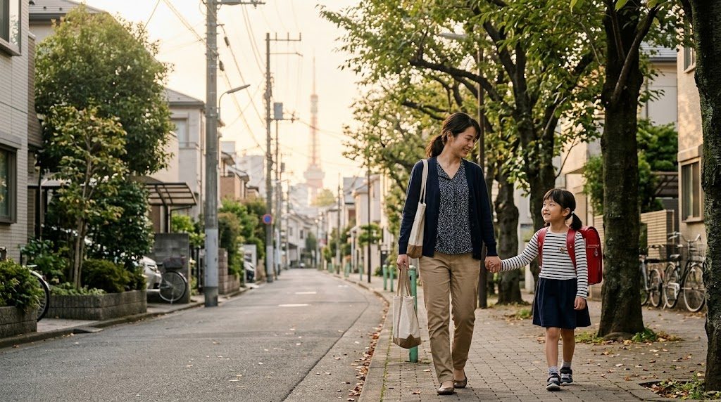 朝の東京の街並みを背景に、通学かばんを持った子どもと母親が並んで歩く様子