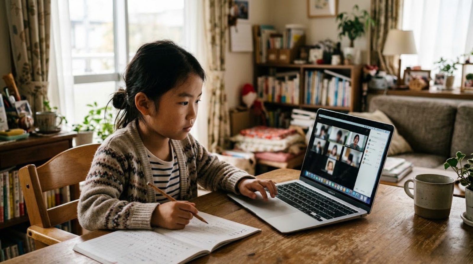 日本の家庭のリビングで小学生の子どもがノートパソコンに向かってオンラインの少人数授業に参加している温かい情景