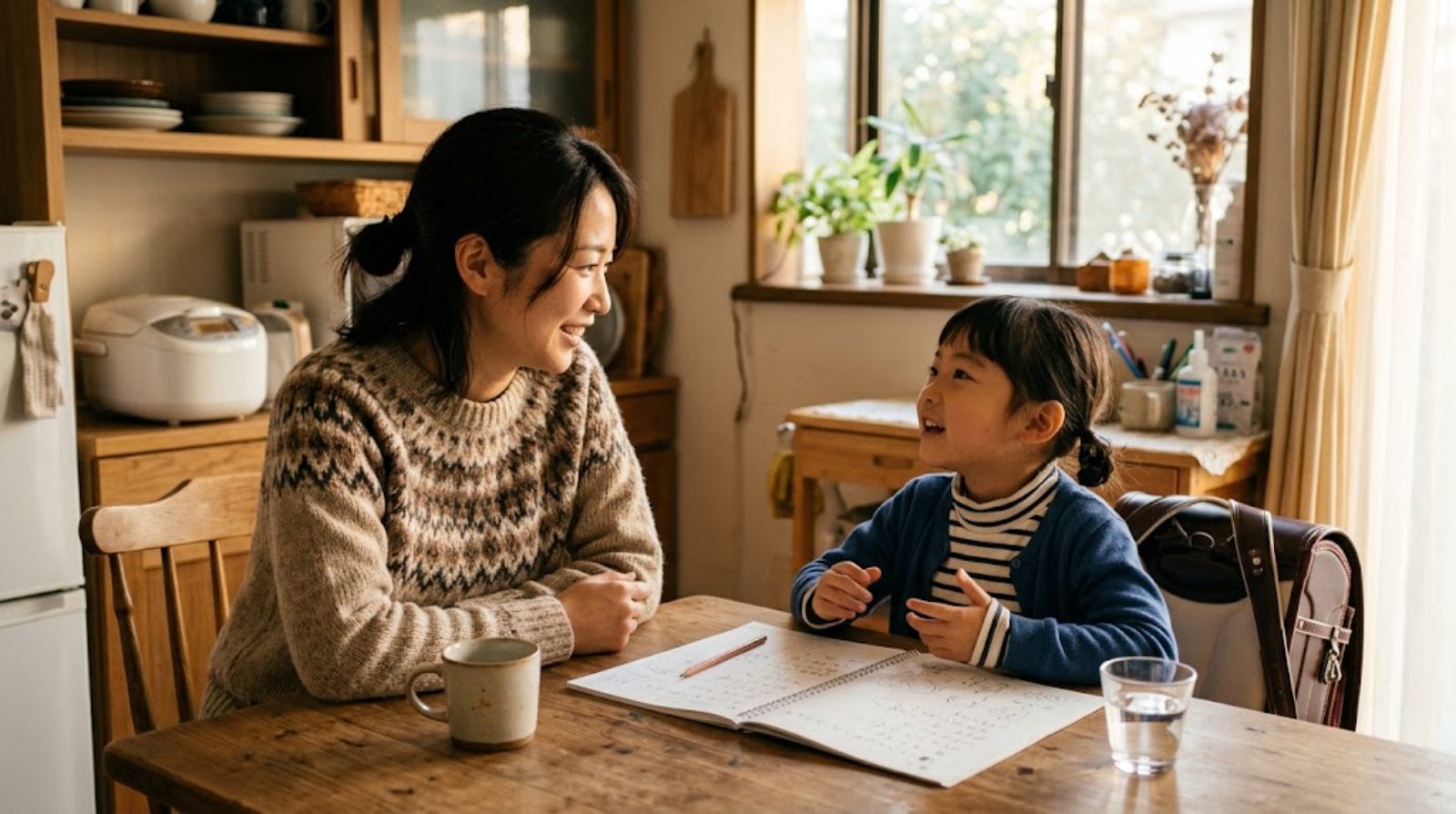 放課後のダイニングで日本の親子がノートを広げて笑顔で話し合っている温かい情景