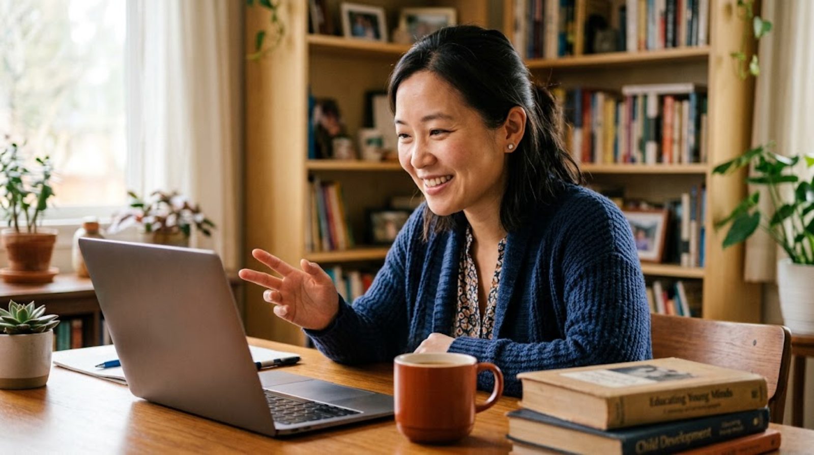 A teacher leaning in to listen and talk with children through the screen during a small-group online lesson from home