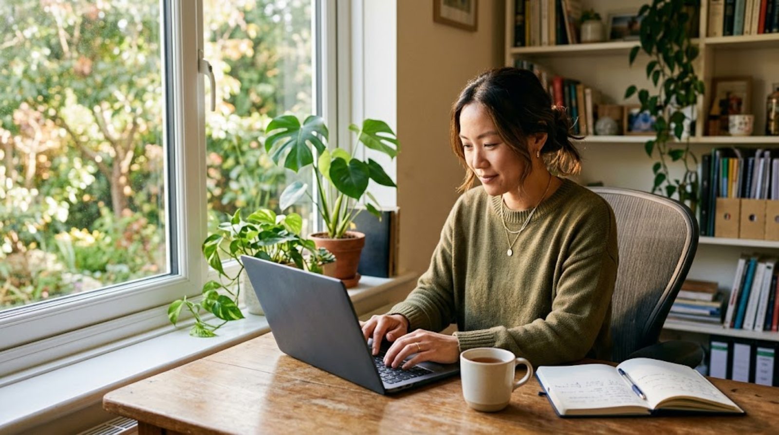 A teacher in their thirties working calmly at a sunlit home desk on a laptop, a fully remote, lower-strain way of working