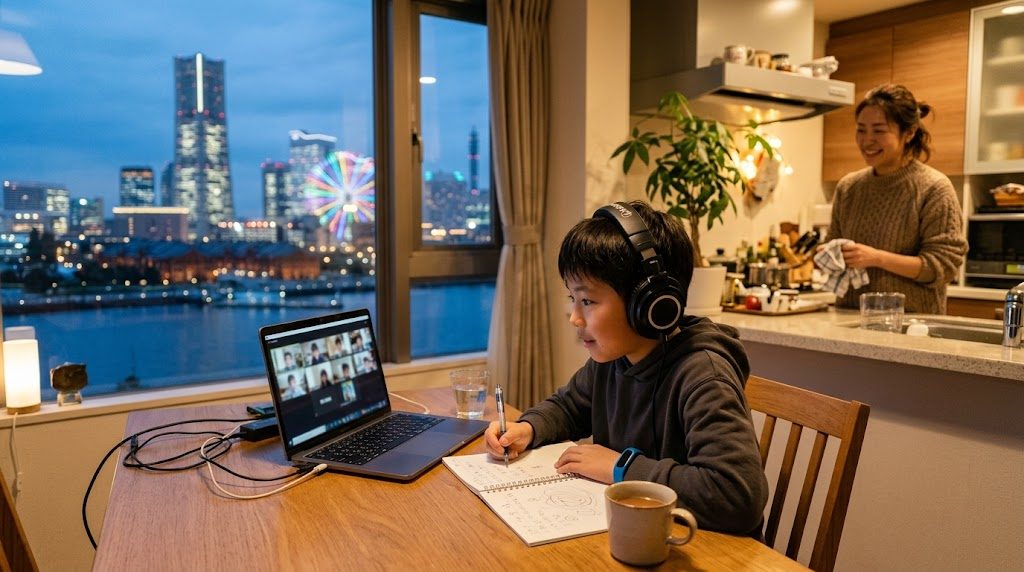 横浜の自宅で、みなとみらいの夜景を背景に子どもがオンライン授業を受け、そばで母親が穏やかに見守る様子