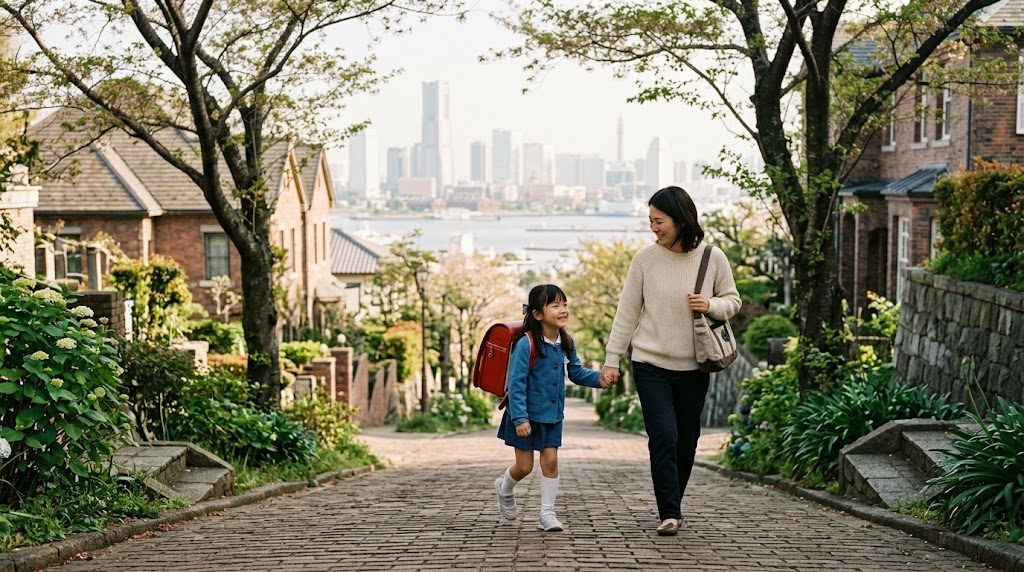 朝の横浜・山手の坂道を、通学かばんを持った子どもと母親が並んで歩き、遠くにみなとみらいの街並みが見える様子
