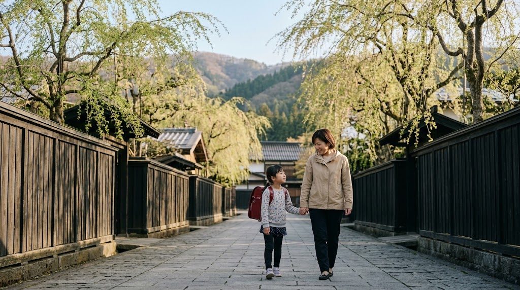 角館の武家屋敷通りの黒板塀としだれ桜の並木を、通学かばんを背負った子どもと母親が手をつないで歩く朝の風景