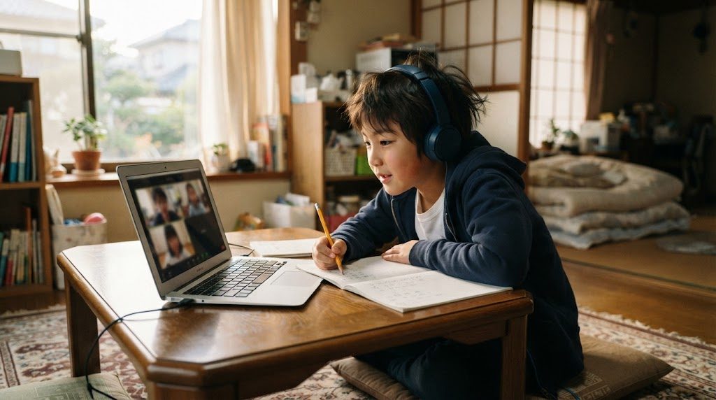 日本の家庭のリビングで、小学生の子どもがヘッドホンをつけてノートパソコンのオンライン授業に参加している温かい情景