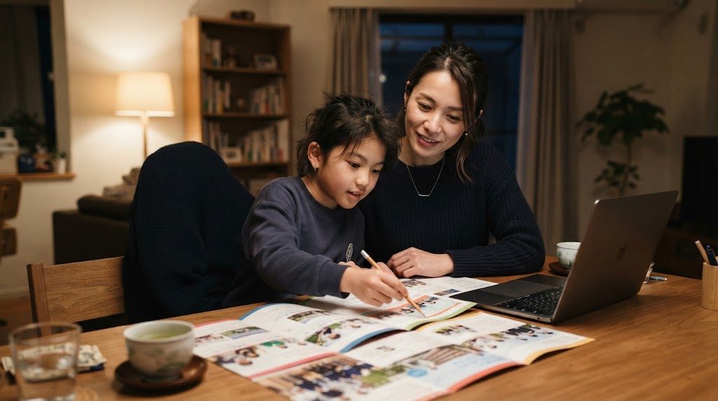 夕方のダイニングテーブルで、母親と子どもがノートパソコンと資料を見ながら学校選びについて話し合っている温かい情景