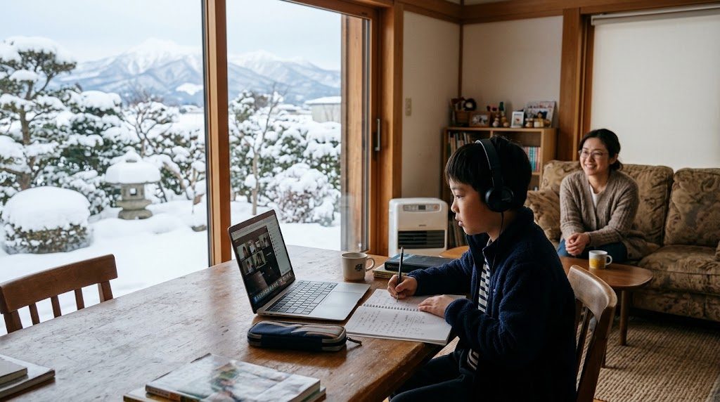 雪の残る青森の自宅リビングで、子どもがノートパソコンでオンライン授業を受け、そばで母親が穏やかに見守る様子