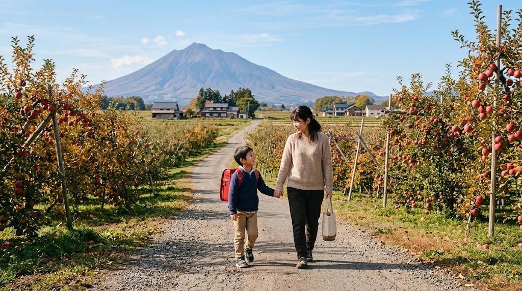岩木山とりんご畑を望む青森県の道を、通学かばんを背負った子どもと母親が並んで歩く朝の風景
