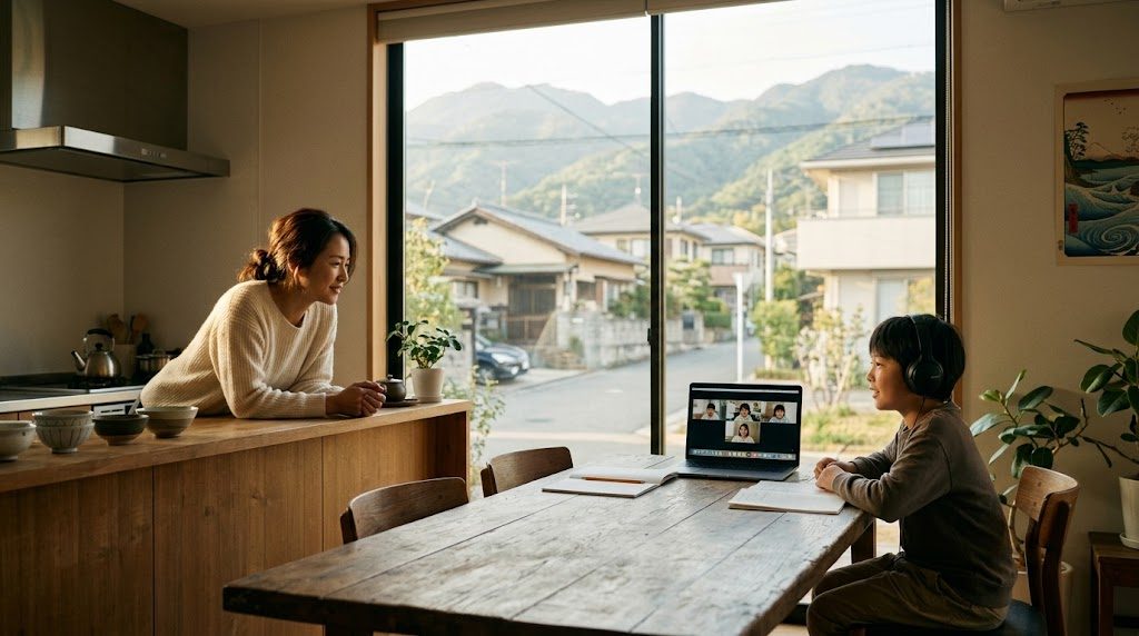 芦屋の自宅のリビングで、子どもがノートパソコンでオンライン授業を受けるそばで母親が穏やかに見守る様子