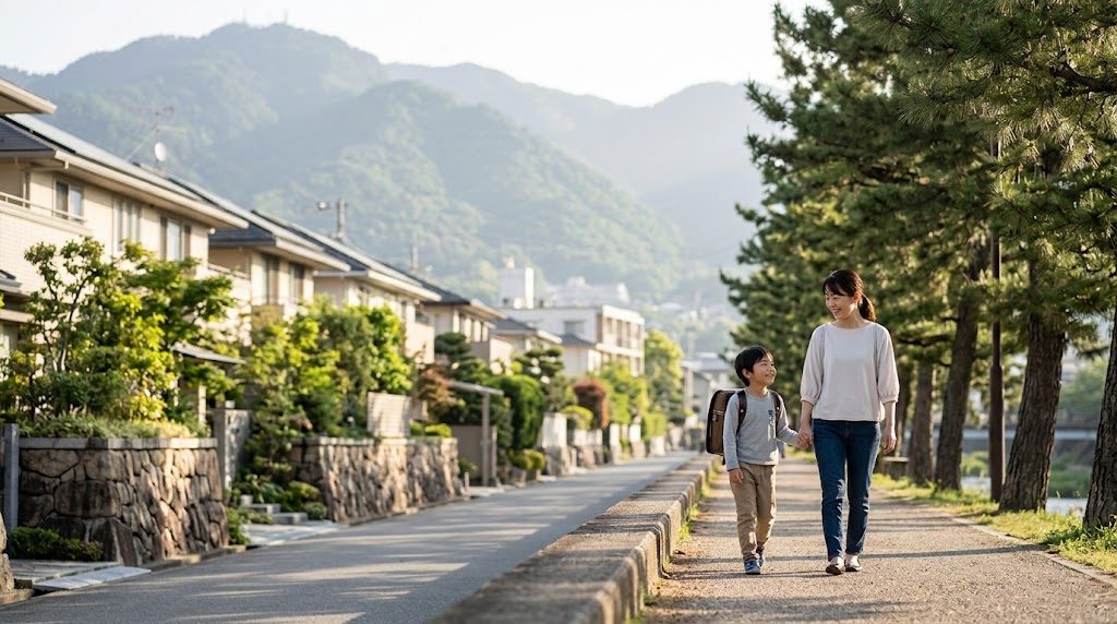 朝の芦屋川沿いの松並木を、通学かばんを持った子どもと母親が並んで歩く様子。背景に六甲山系が見える