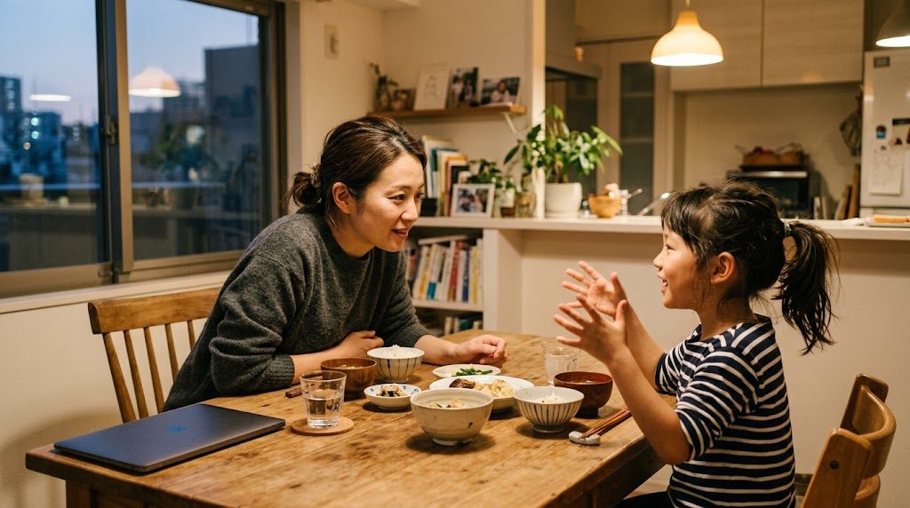 ダイニングテーブルで子どもの話に耳を傾ける日本の母親と小学生の子ども