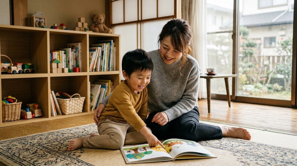 日本の自宅のリビングで英語の絵本を広げて親子で読んでいる場面