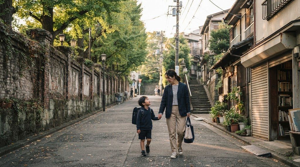 朝の文京区・本郷の大学キャンパス沿いの銀杏並木の坂道を、通学かばんを持った子どもと親が並んで歩く様子