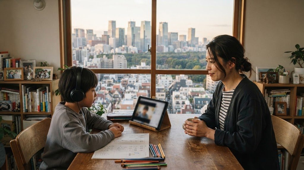 A child joining an online class on a tablet at a dining table in a central Tokyo apartment while a parent listens quietly nearby