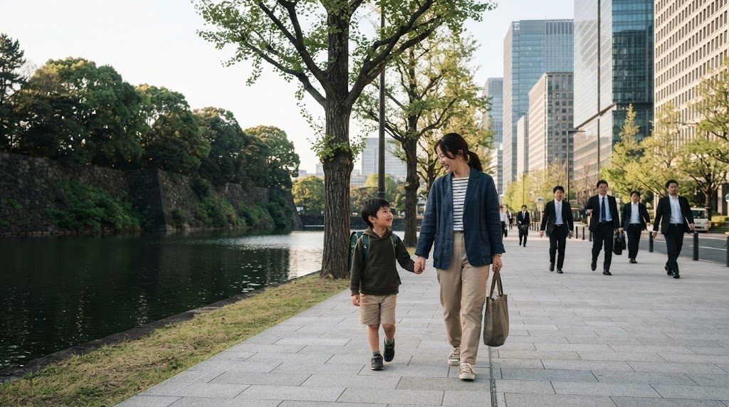 A parent and child walking to school on a Chiyoda pavement with the Imperial Palace greenery and central Tokyo office towers behind them