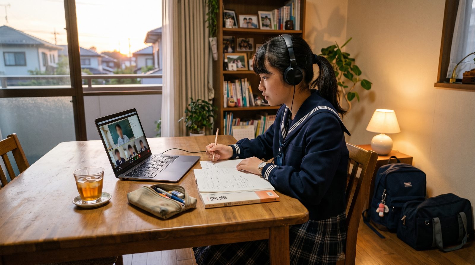 日本の家庭のダイニングで、中学生と保護者が向かい合ってスケジュール表を見ながら話し合っている自然な情景