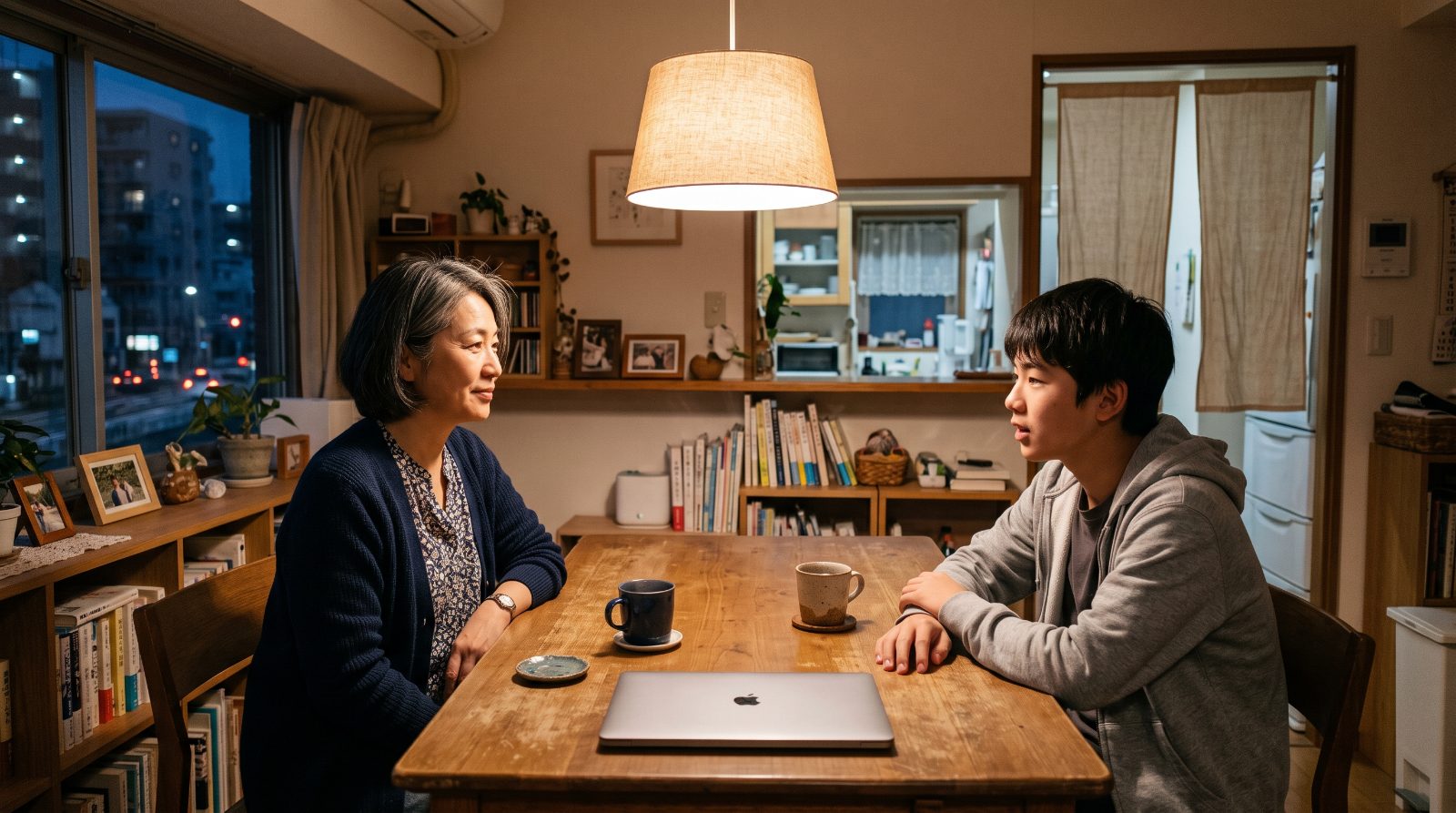 日本の家庭のリビングで、中学生が制服のままノートパソコンに向かい、画面越しの授業に集中している夕方の情景