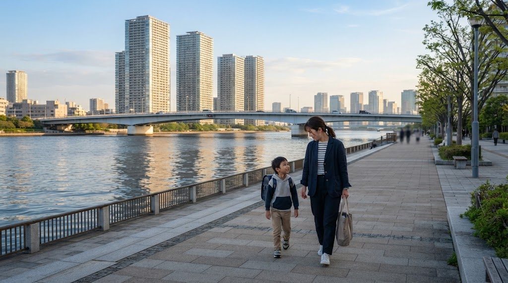 朝の中央区・晴海の運河沿いの遊歩道を、通学かばんを持った子どもと親がタワーマンションを背に並んで歩く様子