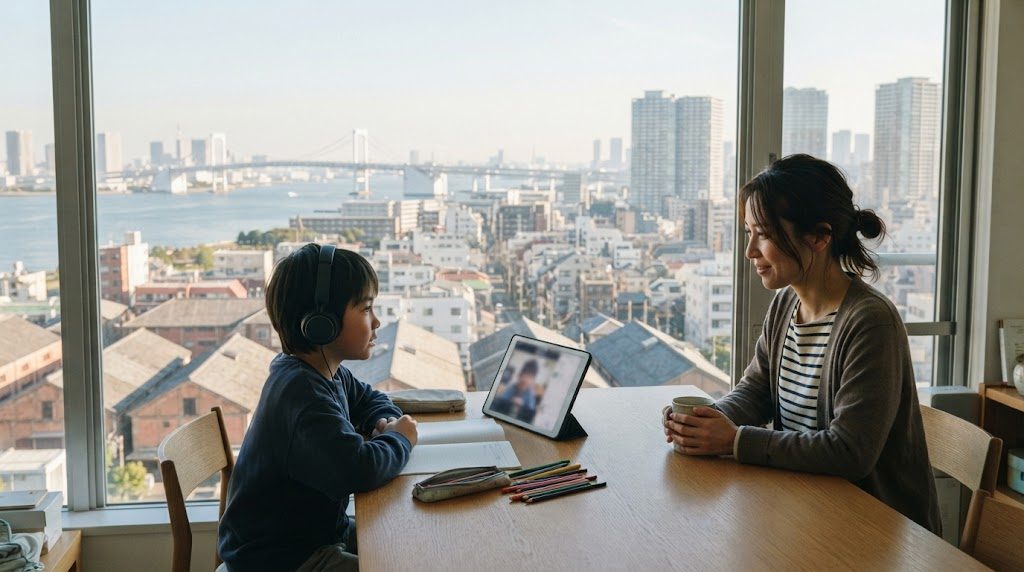 中央区のタワーマンションの自宅で、子どもがタブレットでオンライン授業を受けるそばで親が穏やかに見守る様子