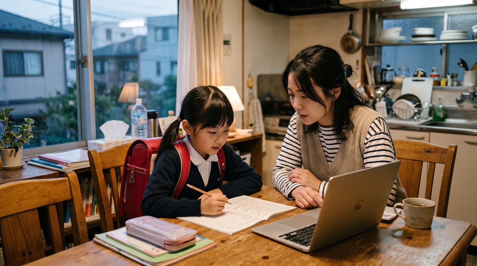 放課後、日本の家庭のダイニングで親子がノートパソコンと家計のメモを見ながら進路について穏やかに話し合っている温かい情景