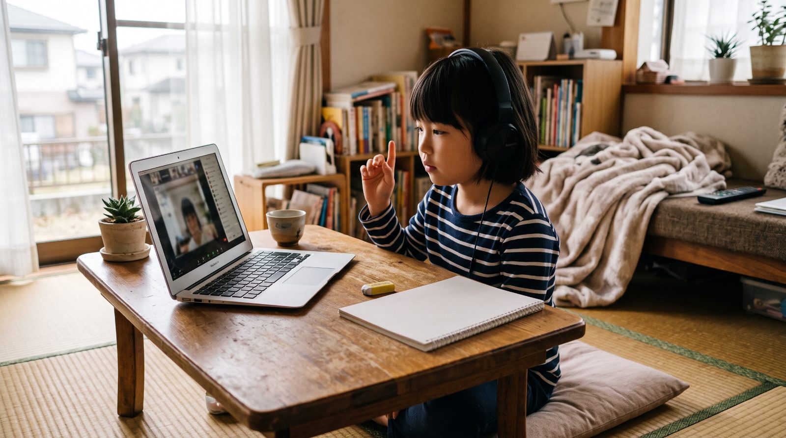 日本の家庭のリビングで、小学生の子どもがノートパソコンに向かってオンラインの国際校の授業を受けている温かい情景