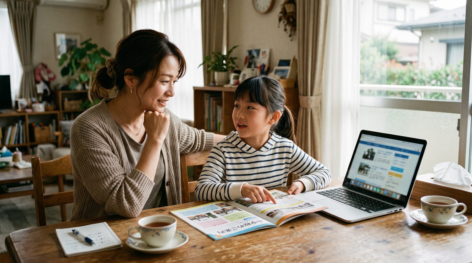放課後のダイニングで、母親と小学生の子どもがパンフレットとノートパソコンを見ながら学校選びについて話している温かい情景