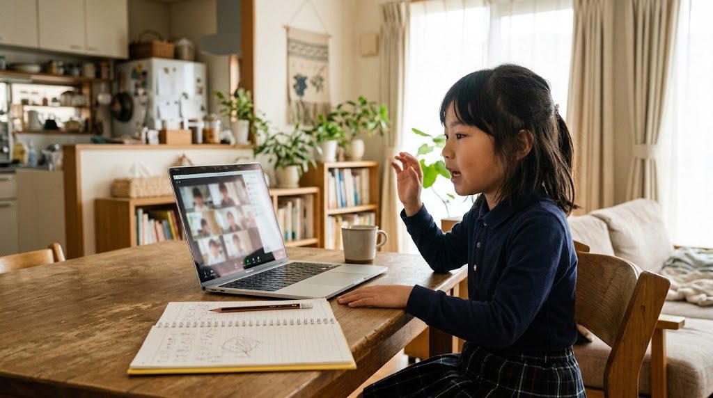 自宅のリビングでノートパソコンに向かい、少人数のオンライン授業で自分の考えを話している小学生