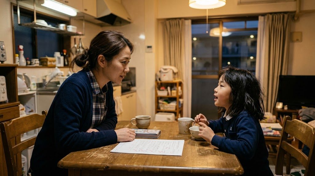 日本の家庭のダイニングで親と子どもが向き合い、テストの点ではなく子どもの話に耳を傾けて対話している温かい情景