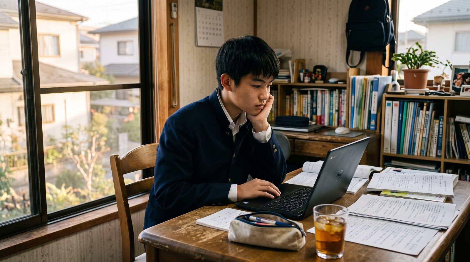 日本の自宅の机で高校生が資料を広げながらノートパソコンで進路を調べている場面